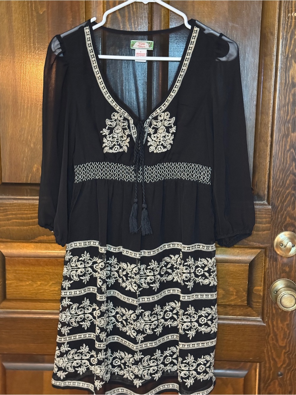 Flying Tomato Embroidered Boho Peasant Mini Dress - Black / Cream - Size Small